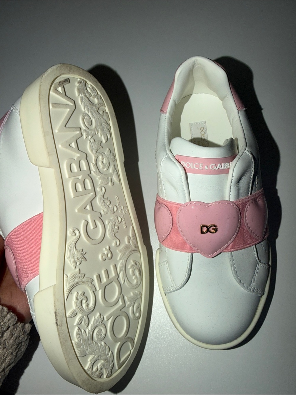 Dolce & Gabbana Kids White Sneakers with Pink Heart Strap